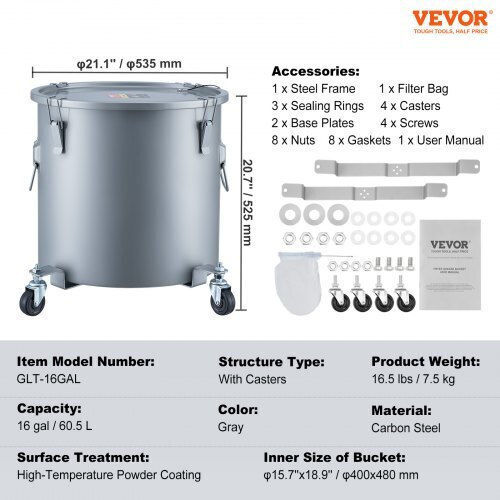 Vevor 16 Gal Oil Bucket with Wheels and Filter Gray Djlzgyzttg16kwcskv0