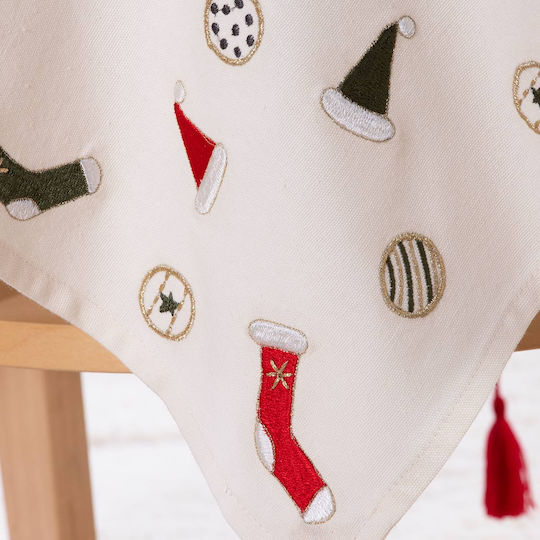 Nef-Nef Homeware Christmas Is All Around Christmas Tablecloth Square Fabric White L100xW100cm.