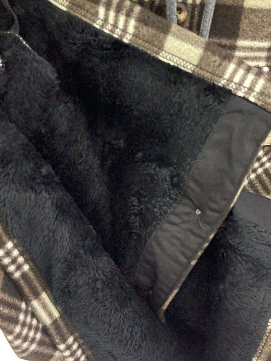 Men's Fleece Cardigan with Buttons and Hood Brown