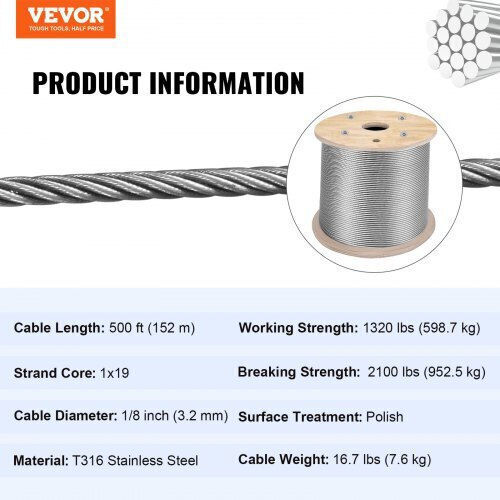 Vevor Wire Rope Stainless Steel 3.2mm 316BXGGSS150M0001V0