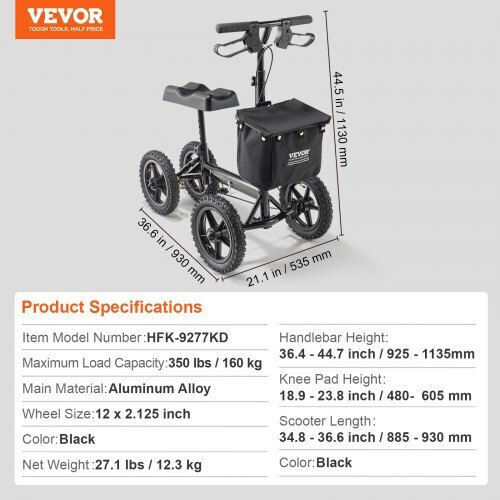 Vevor Инвалидна количка скутер 12" Сгъваемо 93см XGZXQCQLBDJZ6X9I8V0 Черен