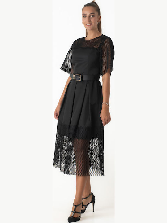 Midi Evening Dress with Mesh Black