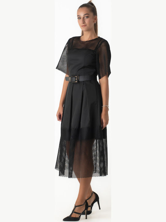 Midi Evening Dress with Mesh Black