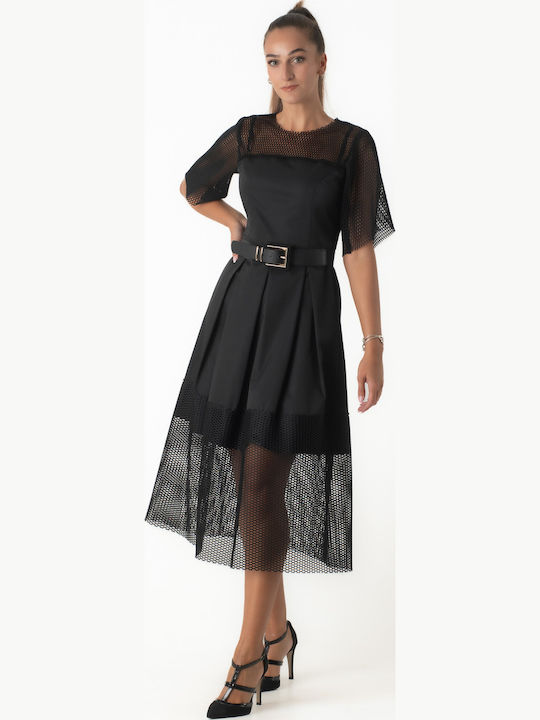 Midi Evening Dress with Mesh Black