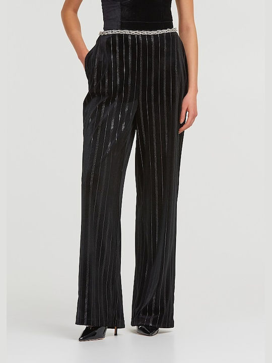 Lynne Women's Velvet Trousers in Loose Fit Striped Black