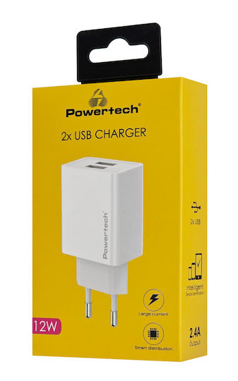 Powertech Charger Without Cable with 2 USB-A Ports 12W Whites (PT-1321)