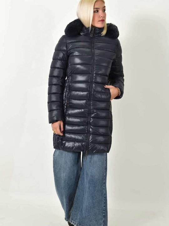 Lungă Jachetă de femei Puffer cu glugă de blană Dark Blue