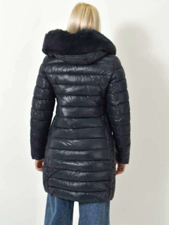 Lungă Jachetă de femei Puffer cu glugă de blană Dark Blue