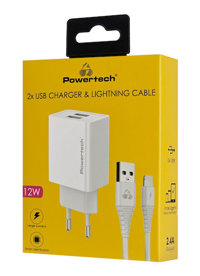 Powertech Ladegerät mit 2 USB-A Anschlüsse und Kabel Blitzschlag 12W Weißs (PT-1325)