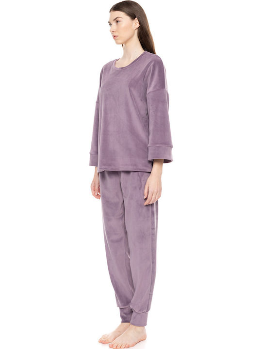 Pink Label Winter Damen Pyjama-Set Samt Purple