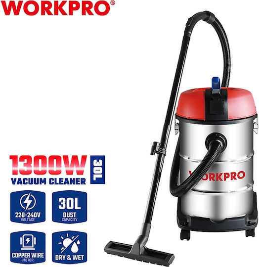 Work WP423005CE Σκούπα Υγρών / Στερεών 1300W με Ανοξείδωτο Κάδο 30lt