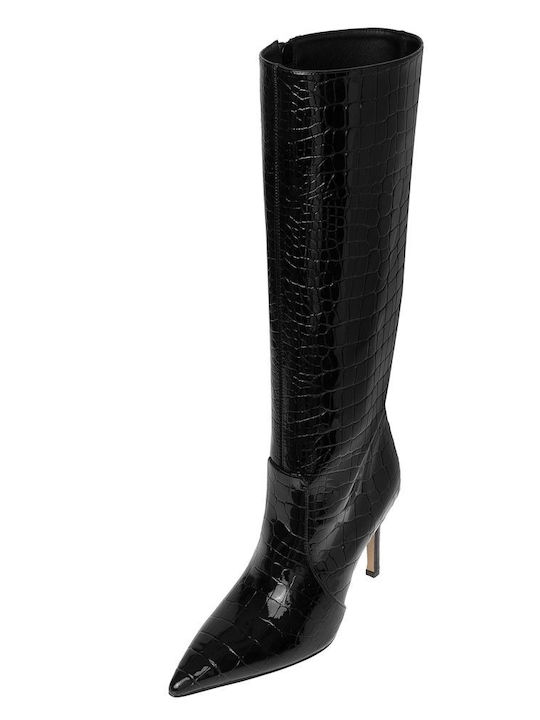 Patent Leather High Heel Women's Boots with Zipper Black