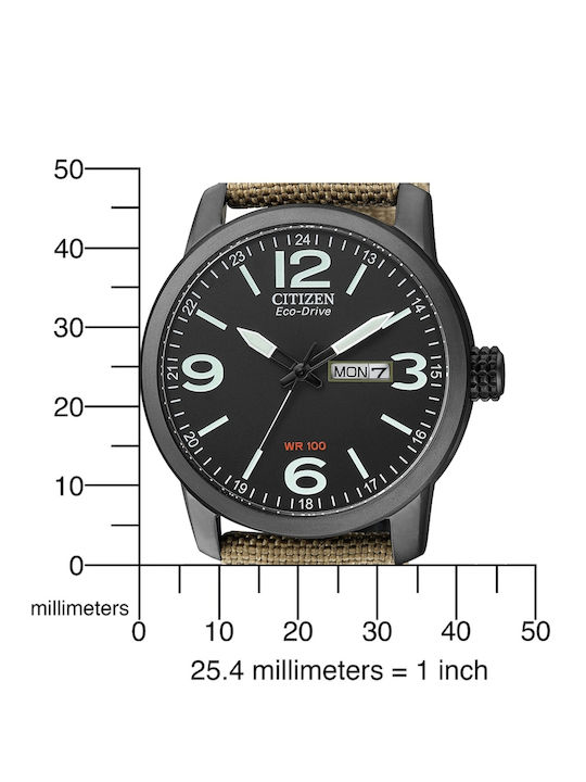 Citizen Мъжки Часовник 42mm Eco - Drive с Бежова Текстилна Каишка