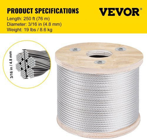 Vevor Stainless Steel Cable 304 3/16" 7x19 250ft Railings & Balconies Gss7x19-4.8mm76m1v0