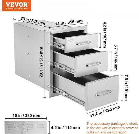 Vevor Stainless Steel 3 Drawer Handle 35x58cm Storage Cabinet Bbq 20.25x14yc3cbxgctv0