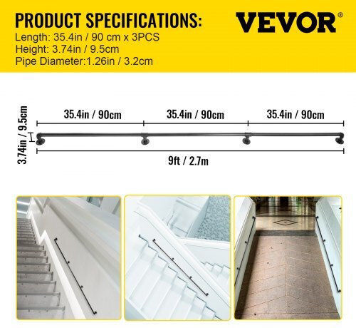 Vevor Stair Handrail 9ft 440lbs Industrial Steel Handrail Indoor Outdoor Tzbgsltfsgyg9vdeuv0