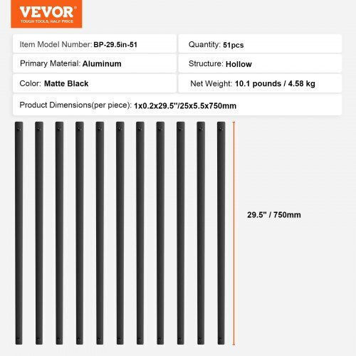 Vevor Μεταλλικά Κάγκελα Σκάλας 51τμχ 29.5''x1'' Αλουμινίου Βίδες Bpklgz51g295rcf96v0