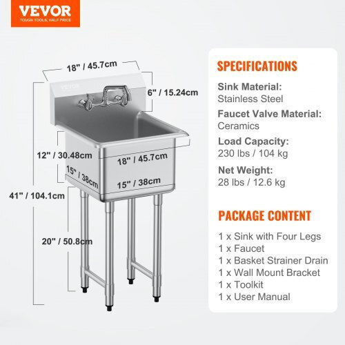 Vevor Chiuvetă comercială Single SYLSSCDCY1515HPD7V0 104.14xL45.72cm