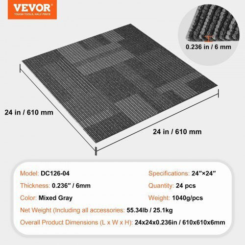 Vevor Carpet Tiles 24"x24" Built-in Backing Easy Installation 24 Tiles Mixed Gray Kcxfkdt2424yhlixbv0