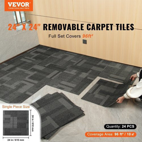 Vevor Carpet Tiles 24"x24" Built-in Backing Easy Installation 24 Tiles Mixed Gray Kcxfkdt2424yhlixbv0