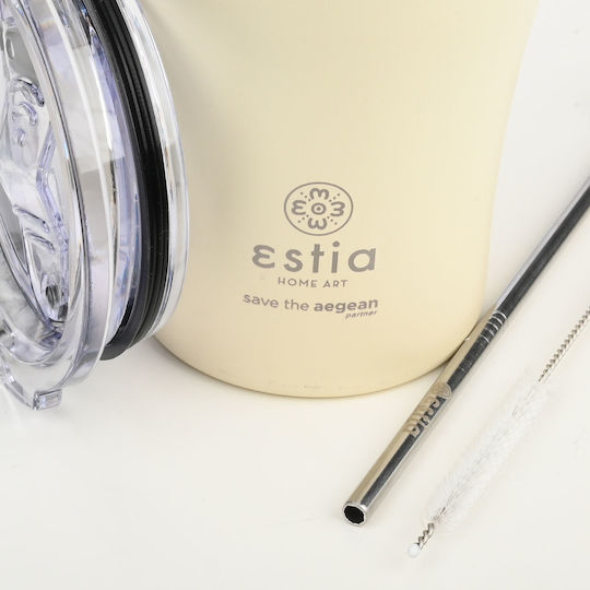 Estia Coffee Mug Save The Aegean Glass Thermos Stainless Steel BPA Free 350ml Lily White with Straw