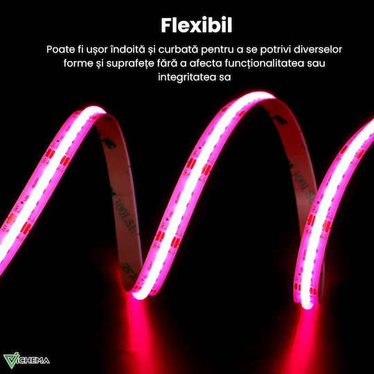 Kit Bandă LED Pureglow 24V RGB COB Vichema 576 LED-uri/M Interior Luminozitate Mare Silicon Gros Fără Pete Întunecate Unghi de Lumină 180° Flexibil Sincronizare Muzică Control prin Aplicație Telecomandă Sursă de Alimentare 24W 5m