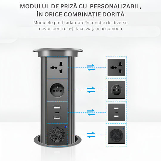 Vichema Pop-up Smart Rise Socket Built-in Countertops Furniture Office Smart Charging From Tempered Glass Aluminum Alloy 1x Bluetooth Speaker Tower Eu Socket Usb-c