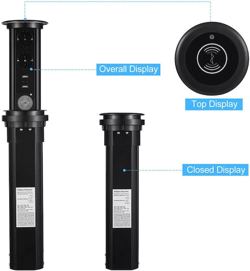 Vichema Pop-up Smart Rise Socket Built-in Countertops Furniture Office Smart Charging From Tempered Glass Aluminum Alloy 1x Bluetooth Speaker Tower Eu Socket Usb-c