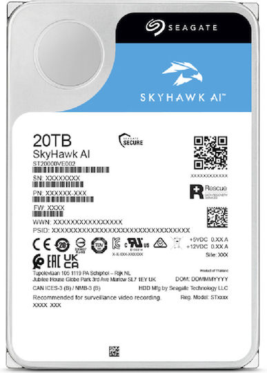Seagate Skyhawk AI 512E 20TB HDD Σκληρός Δίσκος 3.5" SATA III 7200rpm με 512MB Cache για NAS / Server / Καταγραφικό ST20000VE003