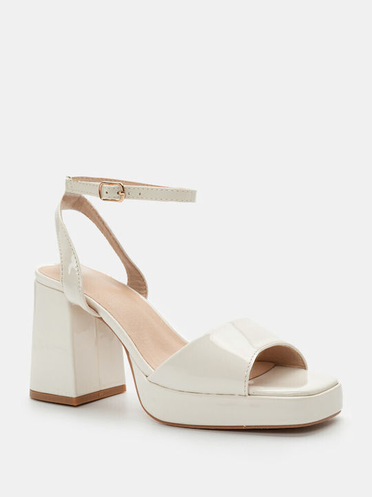 Luigi Platform Patent Leather Women's Sandals with Ankle Strap Beige