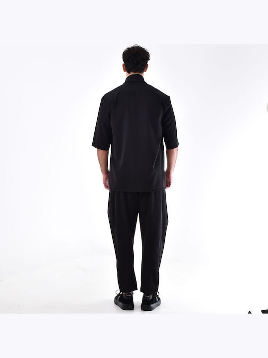 Short Sleeve Shirt in Oversized Line Striped Black