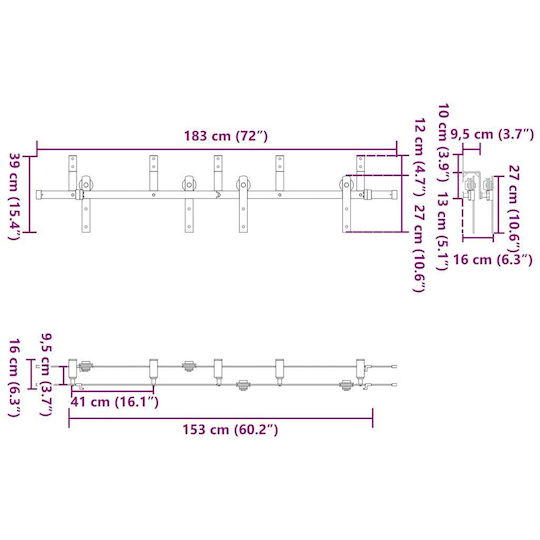 vidaXL Sliding Door Mechanism for Middle Door 183cm Black