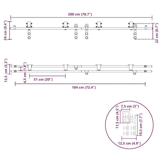 vidaXL Sliding Door Mechanism for Middle Door 200cm Silver