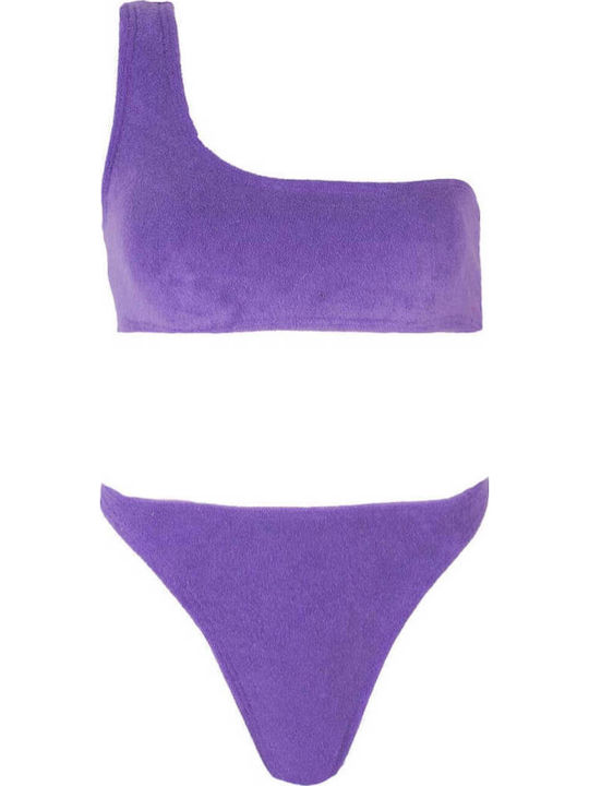Terry Bikini Set One Shoulder High Waist Purple