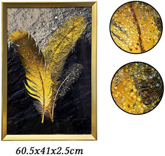 Design Pânză cu Ramă Aurie cu Pene și Pietre Tip Diamant în Relief 60.5x41x2.5cm