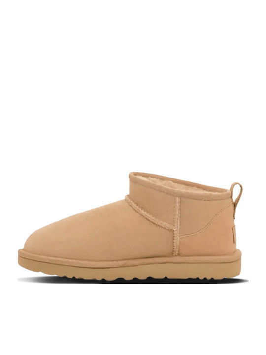 Classic Ultra Mini Leather Women's Ankle Boots with Fur Sand