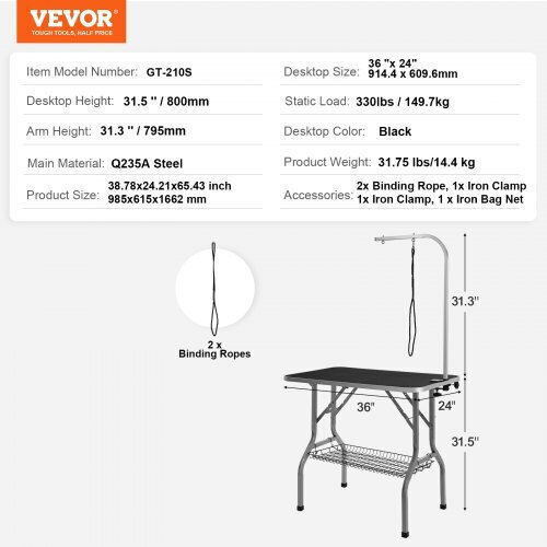 Vevor Pet Grooming Table Clamp Arm 915 X 610mm Foldable Medium Small Dogs Includes Restraint Loop 149.7kg Capacity Zdmrz36inch0nadpdv0