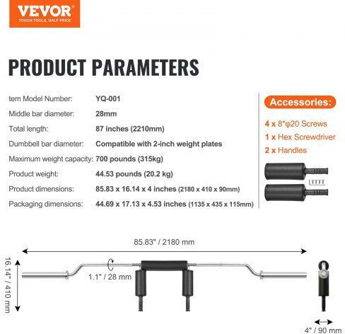 Vevor Hocke Bar Φ28mm 44,53kg Länge 87cm mit Verschlussklauenkragen