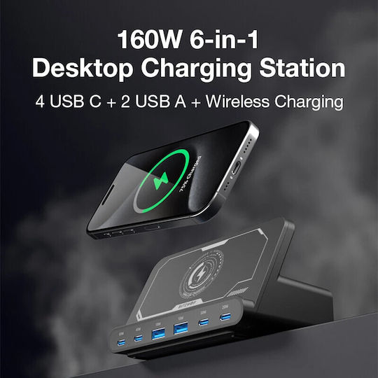 BlitzWolf Wireless Mobile Phone Charger (Qi Pad) With 2 USB-A Output Ports And 4 USB-C Output Ports 160W Quick Charge 3.0 Black (BW-S27)