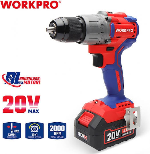 WorkPro Drill Driver Battery Brushless 20V 2x4Ah