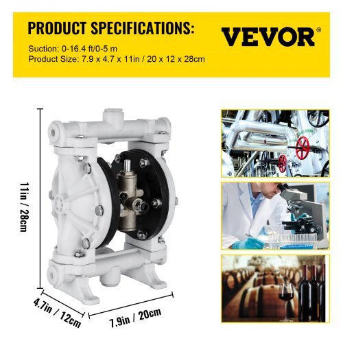 Air-Operated Double Diaphragm Pump Vevor 1/2" Polypropylene 2.5 Gpm 80 Psi PTFE Oil & Low Viscosity Fluids Ybgmbqby-15pp0001v0