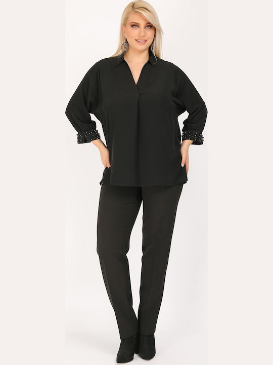 Langärmelig Damen Hemd Schwarz Monochrom