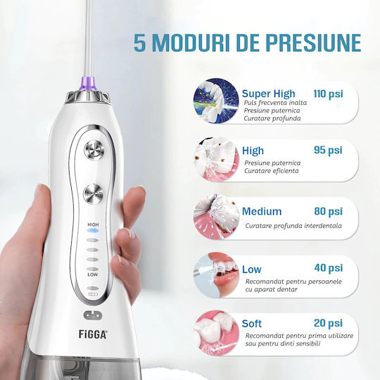 Figga Oral-f101 Irigator Profesional Portabil pentru Igiena Orală 8 Capete Baterie 2500 mAh 5 Viteze Rezervor 300 ml IPX7 Rezistent la Apă Protecție Împotriva Supraîncălzirii Geantă de Depozitare Alb