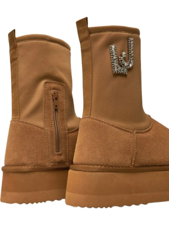 Jane 02 Suede Γυναικεία Μποτάκια Αστραγάλου με Γούνα Καφέ