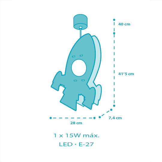 Ango O singură lumină Lumină de tavan pentru copii Suspendata din plastic 15W cu suport pentru bec E27 Albastru deschis 41.5cm