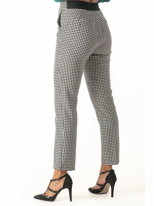 Le Vertige Women's Fabric Trousers with Elastic in Straight Line Checked White-black