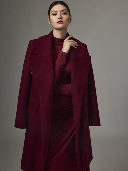 Desiree Women's Long Coat with Belt Burgundy