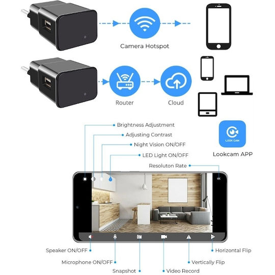 Iuni Ip1000 Spy Camera Usb Charger 8gb Wifi 4k View Audio-video P2p