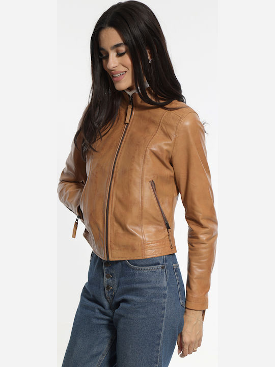 Women's Crop Lifestyle Leather Jacket for Winter Brown