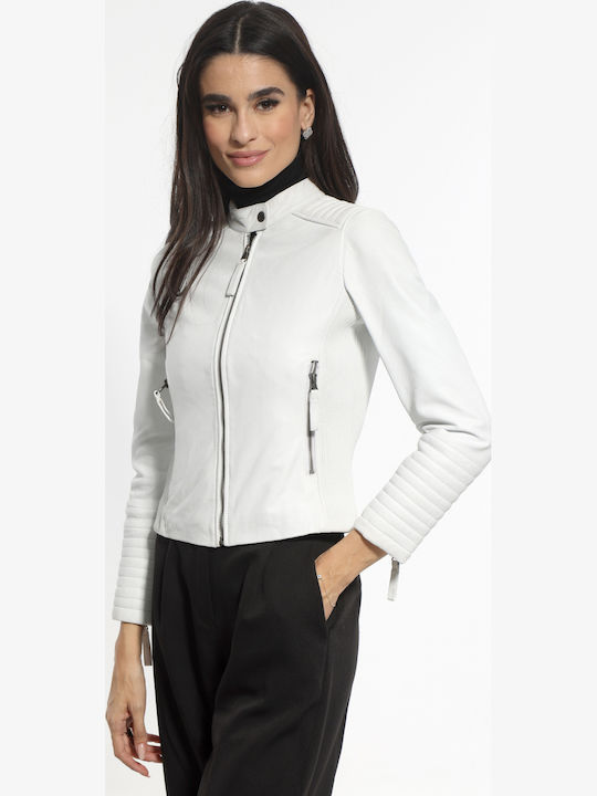 Women's Crop Lifestyle Leather Jacket for Winter White